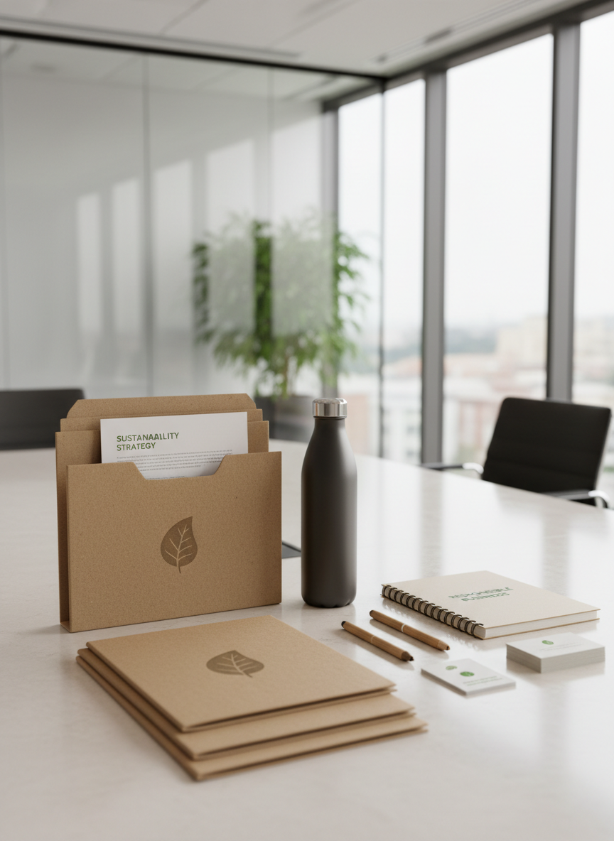 A meticulously arranged collection of sustainable business materials, including textured recycled brown folders, a sleek metal reusable water bottle with a matte finish, and eco-friendly stationary arranged on a pale stone desk. The scene is set within a modern, glass-walled corporate boardroom, with clean architectural lines and a subtle backdrop of leafy green plants. Gentle daylight streams through large windows, creating balanced, soft illumination that gently highlights the neutral tones and structured layout. Captured from an eye-level angle with a centered composition and crisp focus throughout, the mood is calm, professional, and forward-thinking. The overall style is photographic realism with a clean, corporate aesthetic, perfectly reflecting the focus on sustainability consulting and responsible business practice.
