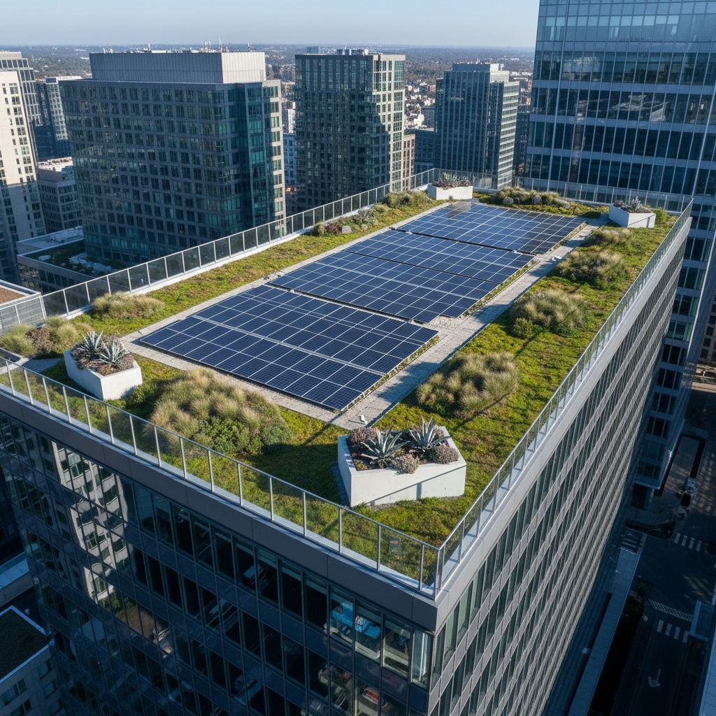 An expansive aerial view of an urban rooftop covered in neatly organized solar panels and a living green roof with lush moss and low-lying grasses. Around the roof's edge, minimalist glass safety barriers and a few geometric planters with drought-tolerant shrubs accentuate the scene. The setting is a cityscape of modern corporate offices, all framed by clear, cool daylight that casts direct but gentle shadows to accentuate structure and sustainability. The composition employs a bird's eye perspective, emphasizing the integration of sustainable technology and green infrastructure. The mood is innovative and optimistic, supporting the theme of environmental impact reduction within a professional, photographic style.