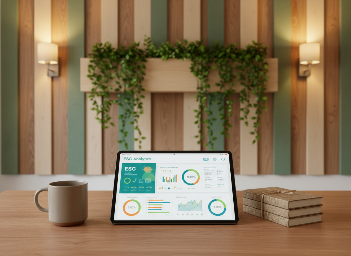A thoughtfully designed workspace featuring a digital tablet displaying dynamic ESG analytics on a matte wooden desk, flanked by a ceramic mug in neutral taupe and a small, decorative stack of sustainably sourced books. A backdrop of vertical acoustic panels in calming earth tones and a built-in planter with cascading leafy vines completes the setting. Warm, diffused artificial lighting from above and side lamps bathes the scene, providing soft highlights and defined shadows that enhance depth. The composition employs rule of thirds and sharp focus, creating a poised, organized, and actionable feel. The artistic style is photographic realism with minimalist structure, portraying practical sustainability consulting in action.